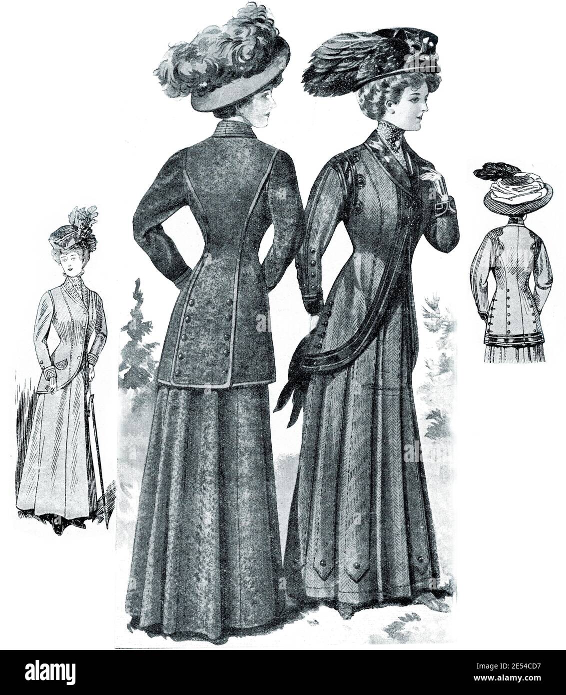 ladies Fashion 1908, long and elegant lines with corset to achieve a  narrow-waisted figure with full chest, completed with broad hats and Gibson girl hairstyle, frontal and back view Stock Photo