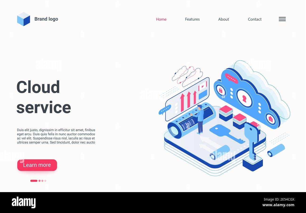 Cloud service isometric vector illustration. Cartoon 3d internet hosting provider abstract workflow process, people work on secure data storage, database system security modern technology landing page Stock Vector
