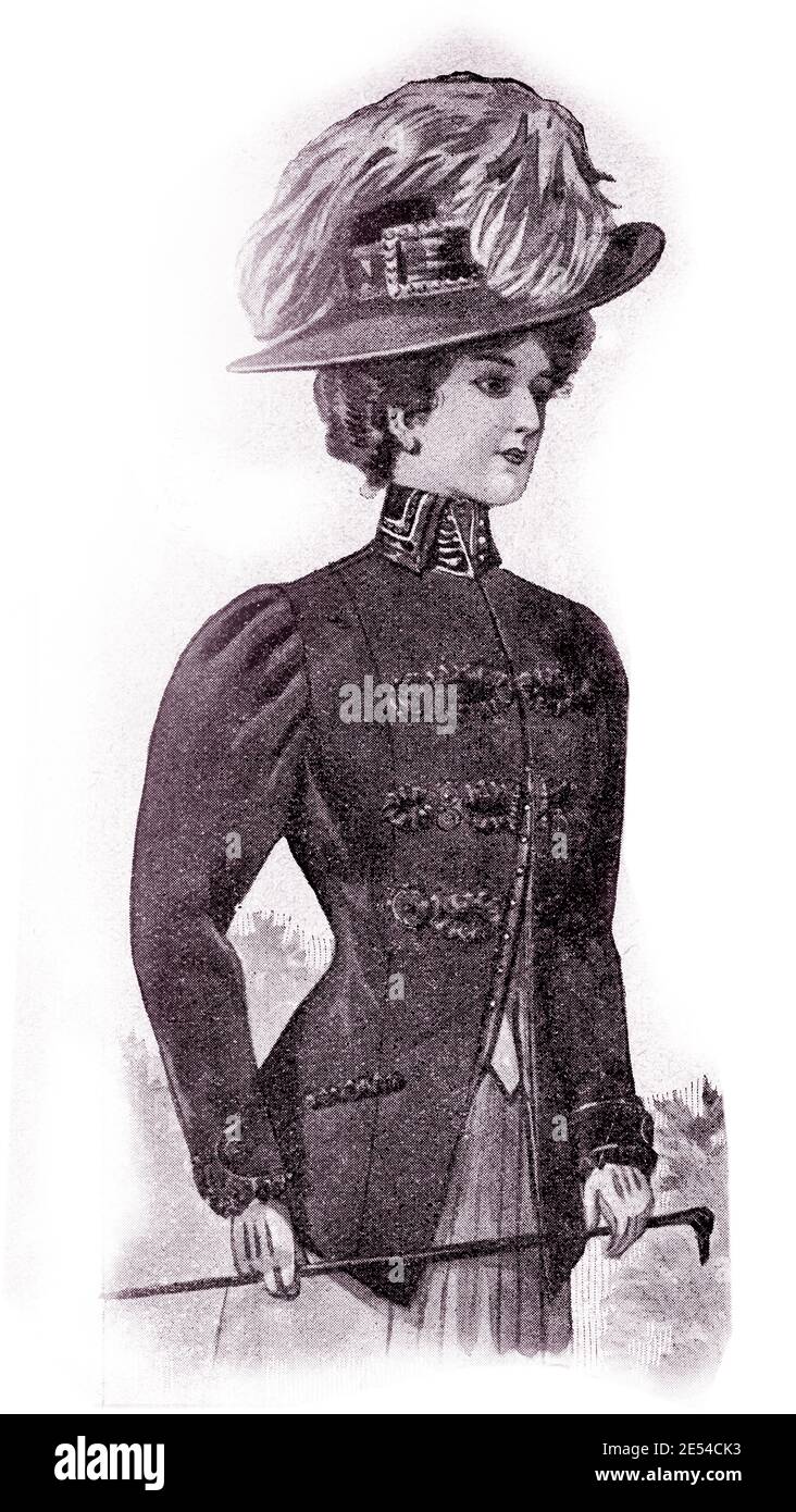 ladies Fashion 1908, long and elegant lines with corset to achieve a  narrow-waisted figure with full chest, completed with broad hats and Gibson girl hairstyle Stock Photo