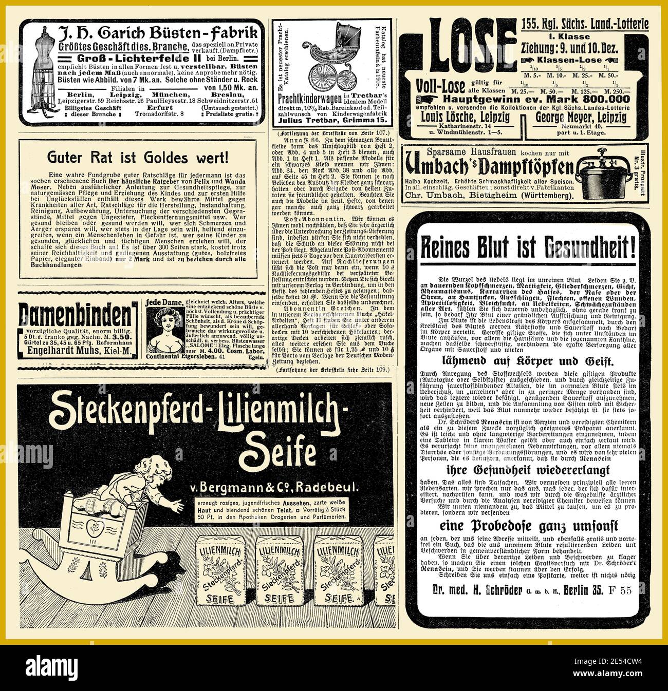 Commercial advertising page in German with many promotion banners and  vignettes dated 1908 from Deutsche Moden Zeitung magazine Stock Photo -  Alamy