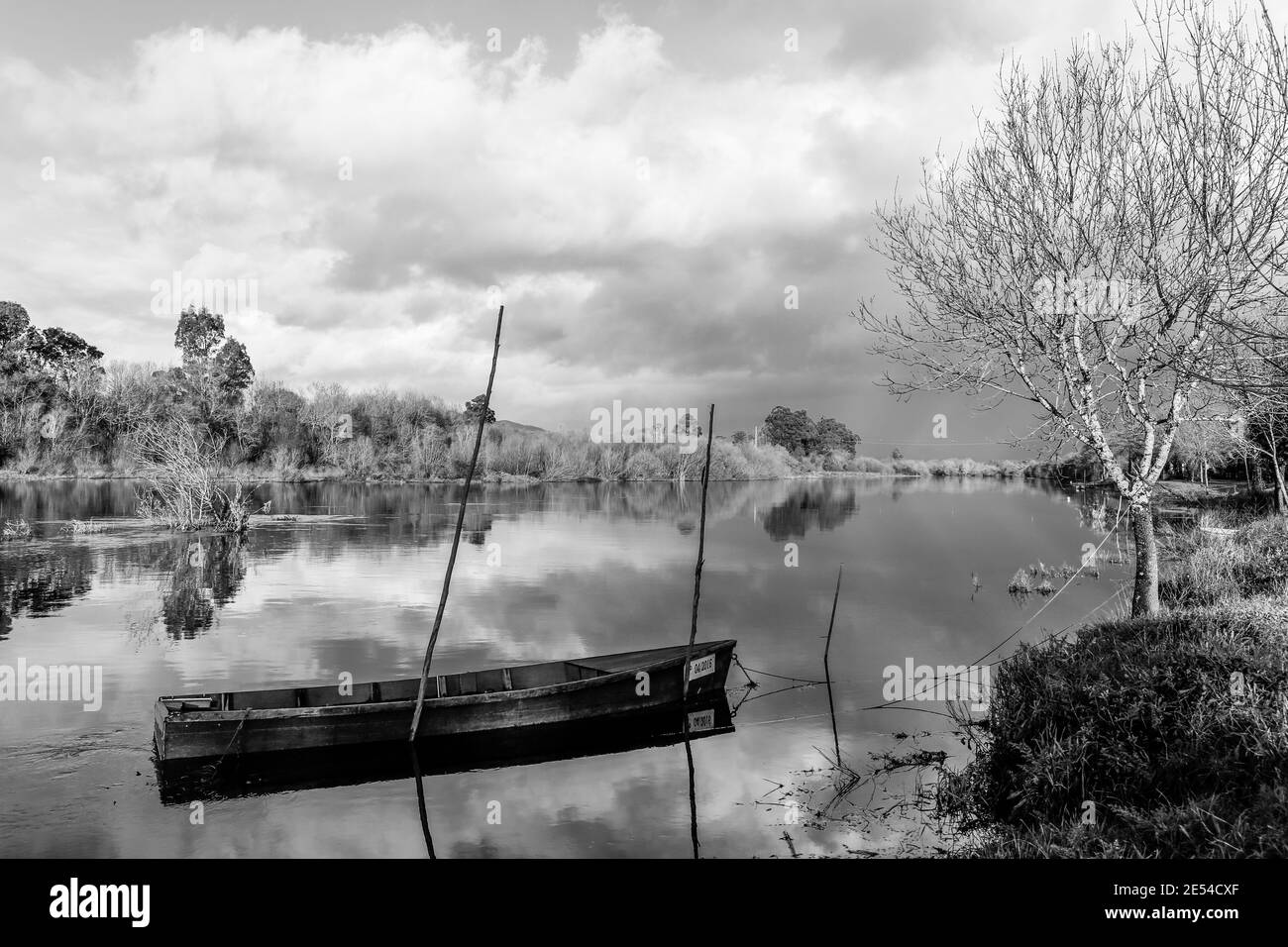 A grayscale shot of a boat on the lake Stock Photo - Alamy