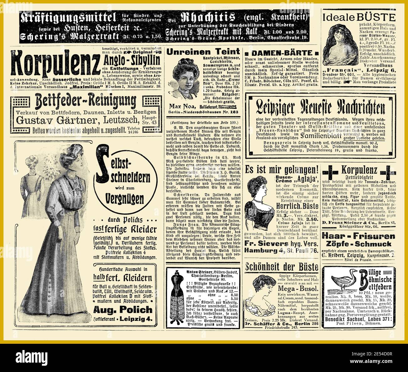 Commercial advertising page in German with many promotion banners and  vignettes dated 1908 from Deutsche Moden Zeitung magazine Stock Photo -  Alamy
