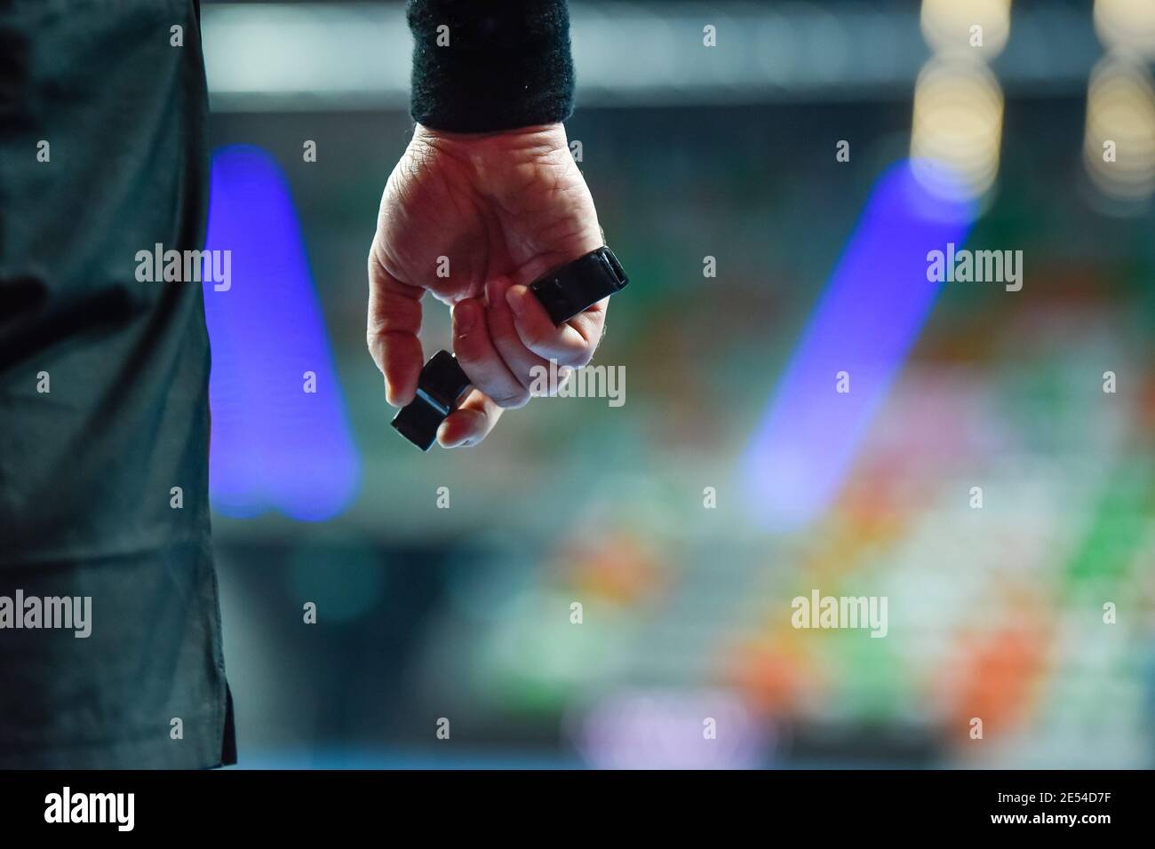 handball referee hand with whistle Stock Photo Alamy