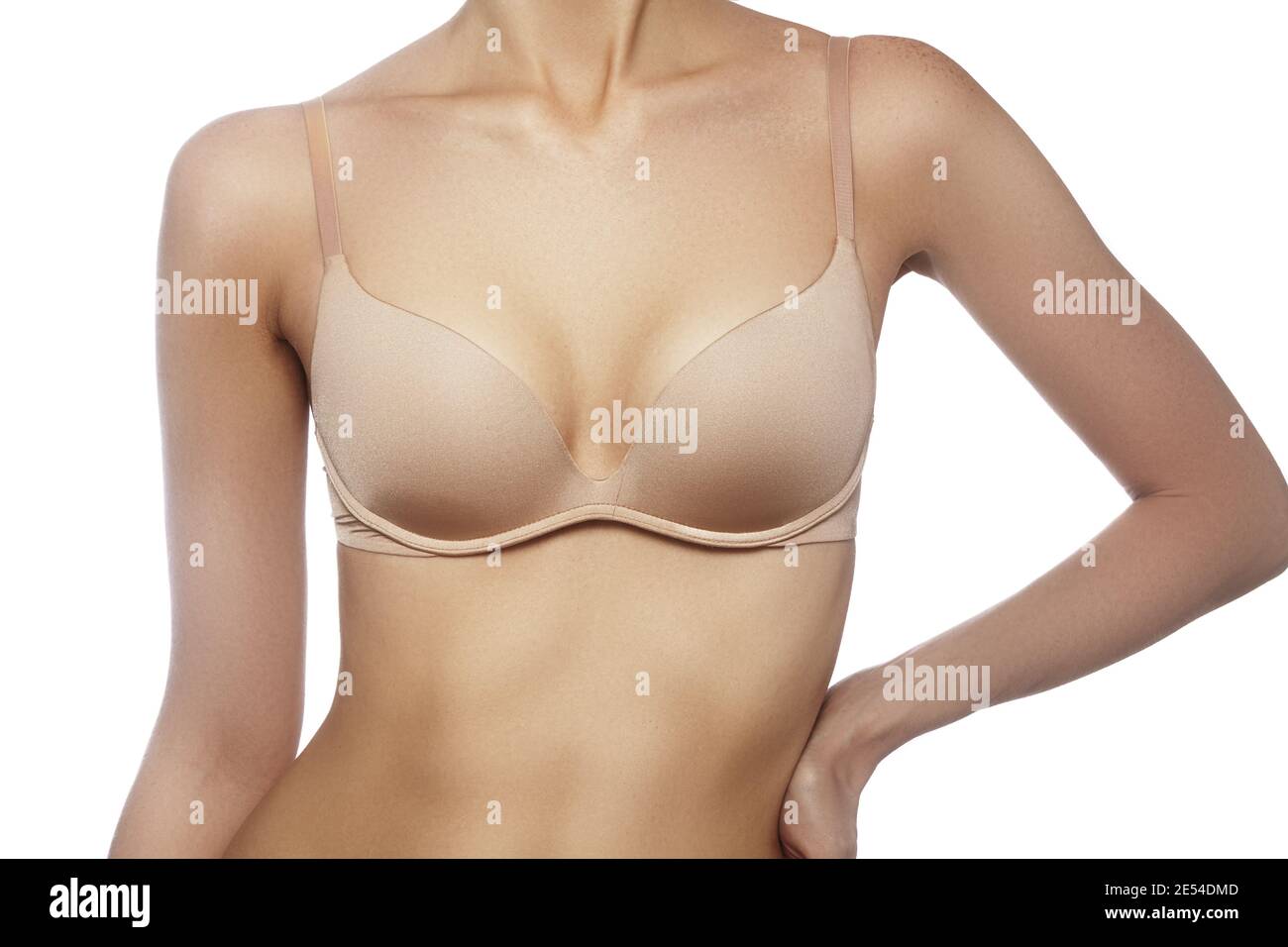 Beautiful part of female body. Spa, wellbeing and healthcare. Breast care. Perfect  woman's form, flat belly, sexy breasts in beige bra lingerie. Healt Stock  Photo - Alamy