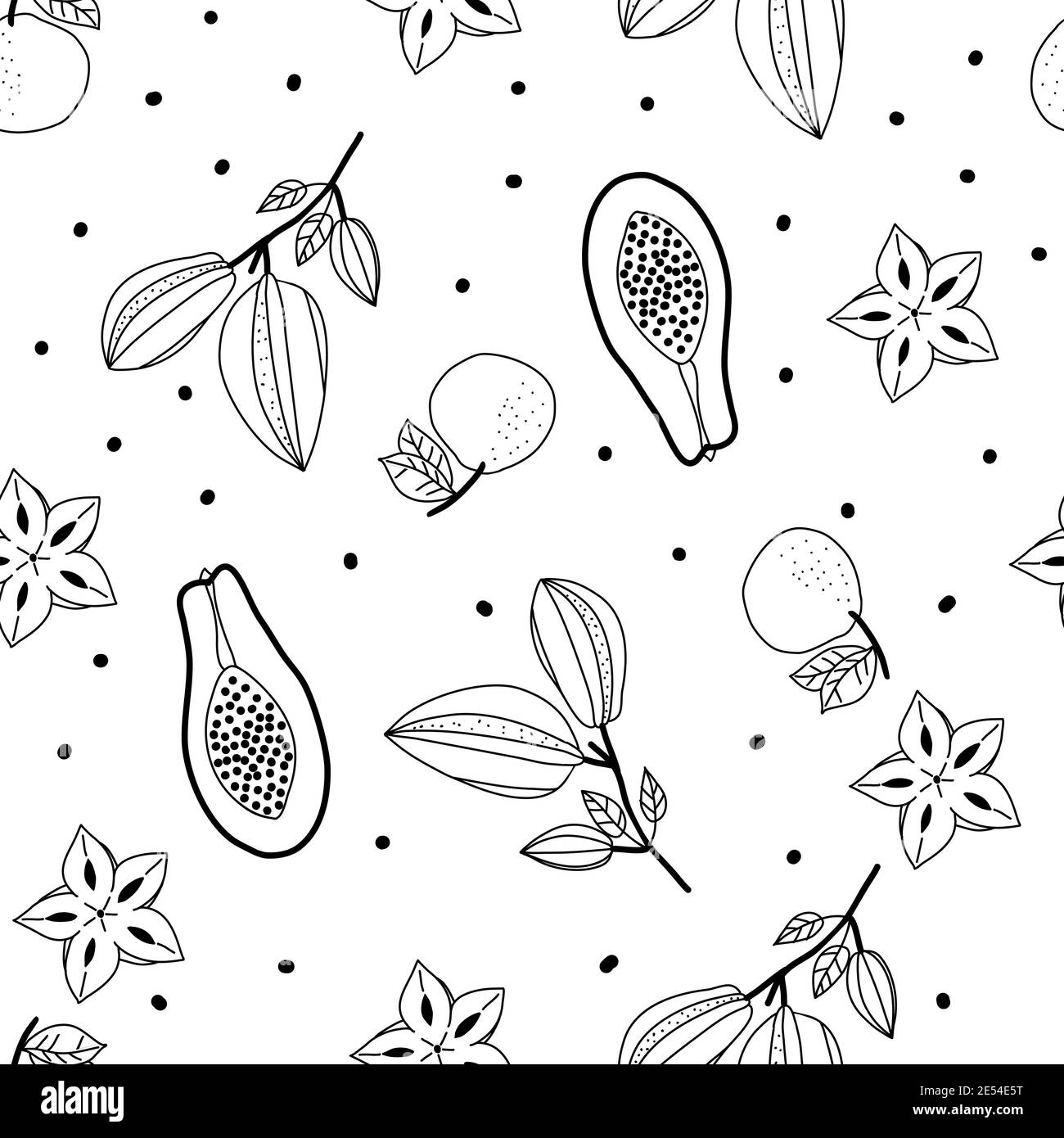 Seamless doodle pattern with tropical fruits of carambola and tangerine, papaya. Vector illustration. Stock Vector