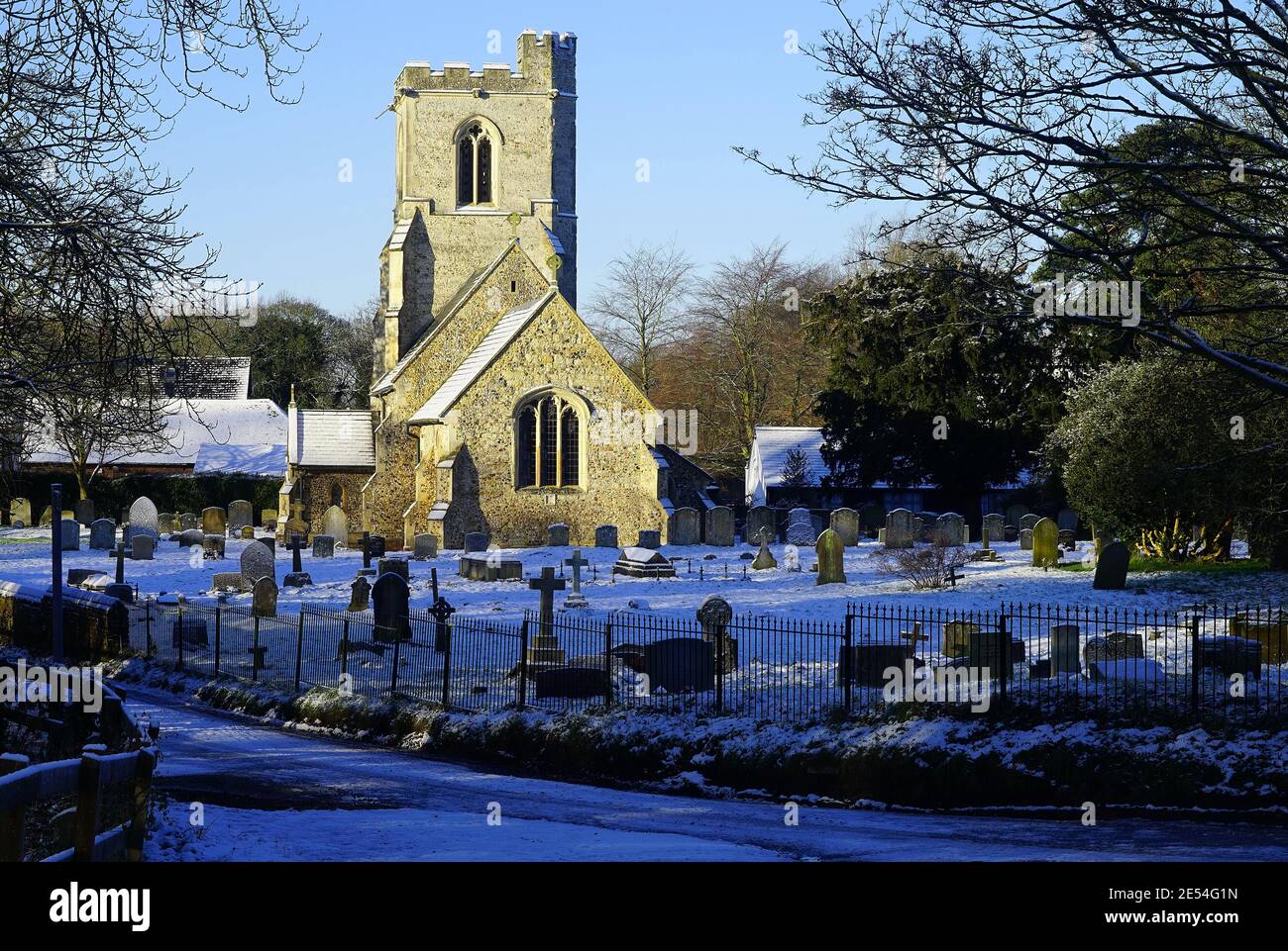 All Saints Church, Willian in the snow Stock Photo