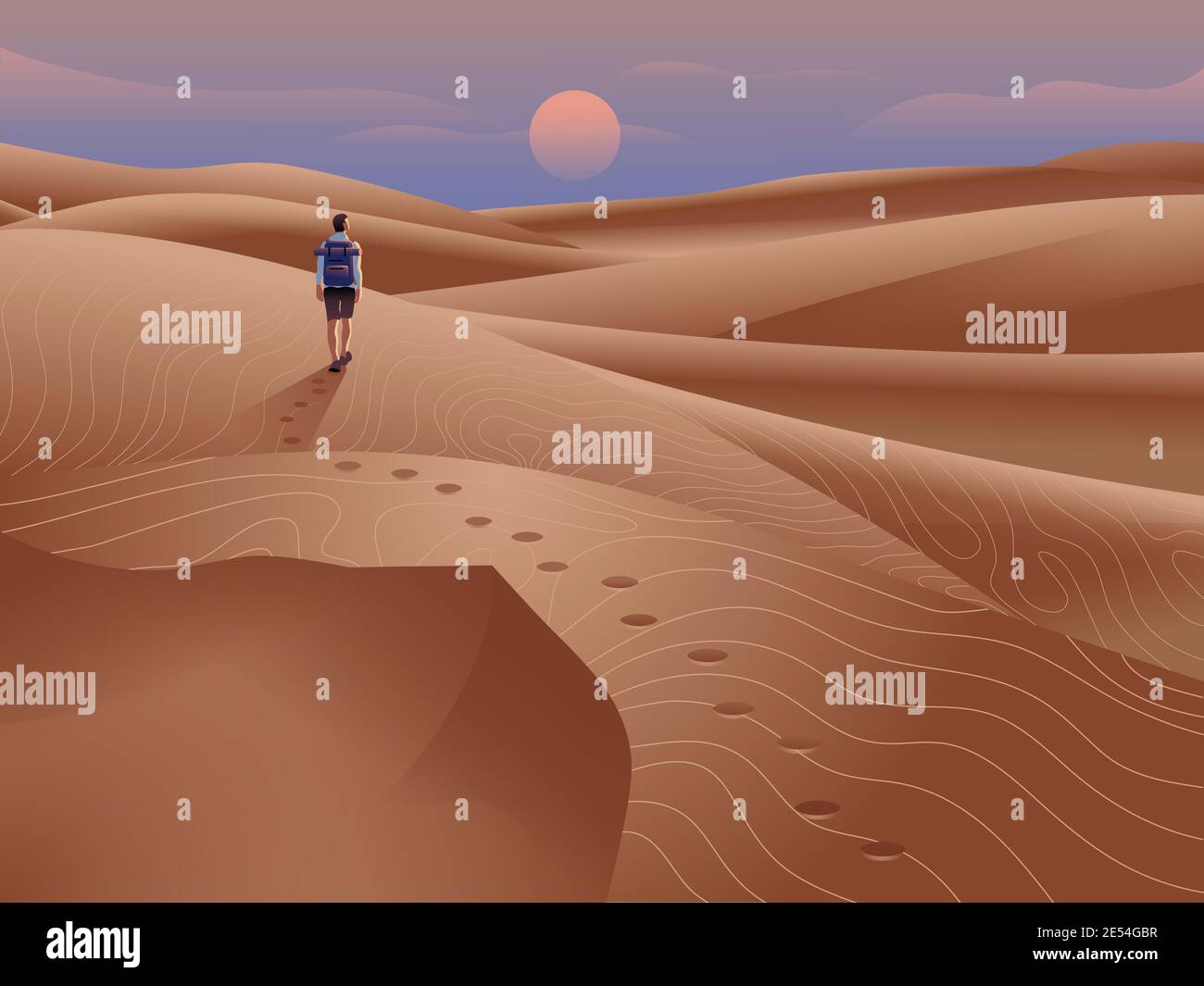 Tourist in the desert illustration. Landscape of sand dunes with evening sky and sun at the horizon. Man traveling with a backpack alone. Stock Vector