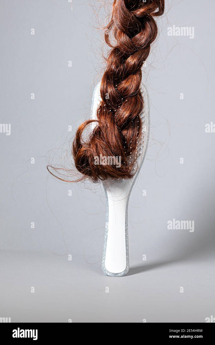 The concept of hair problems and hair care. A white comb with a false braid of hair attached to it. White background. Copy space. Stock Photo