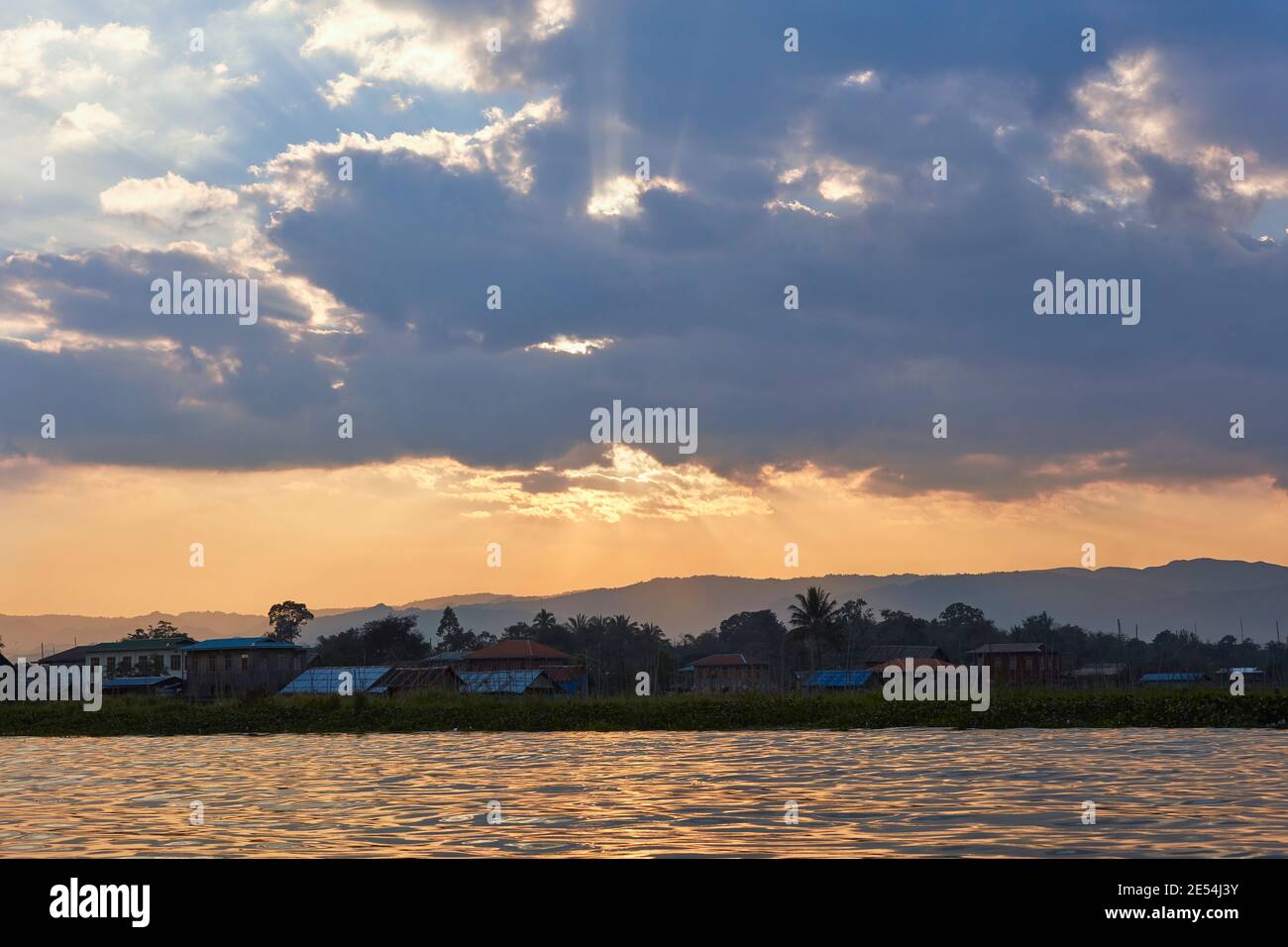Inle Lake landscape at sunset, Myanmar. Stock Photo