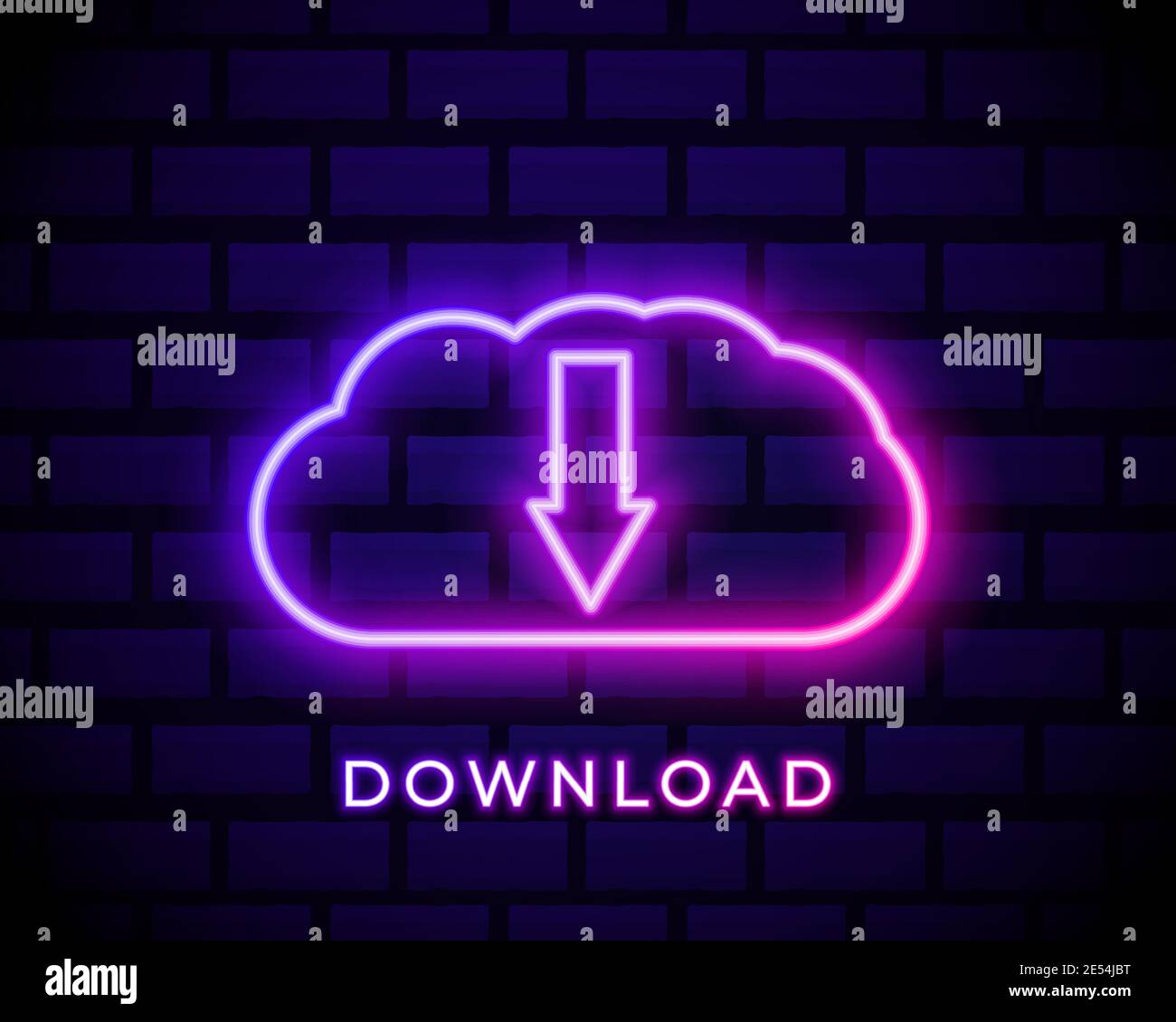 Glowing neon Cloud download icon isolated on brick wall background ...