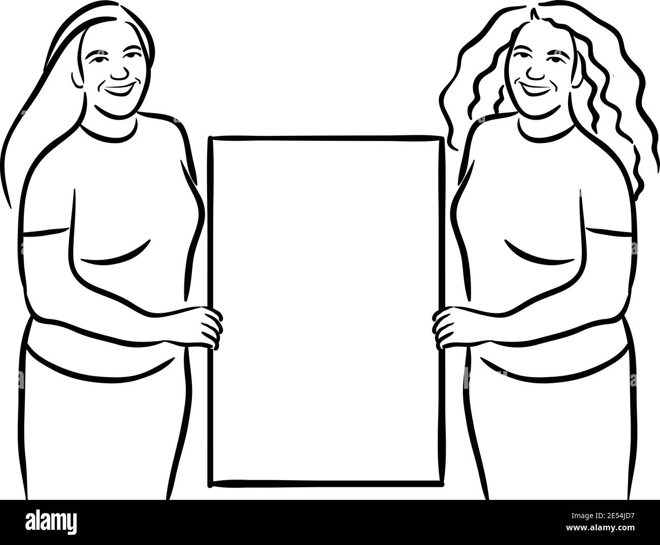 Two young women Holding Blank Sign stock illustration vector line art ...