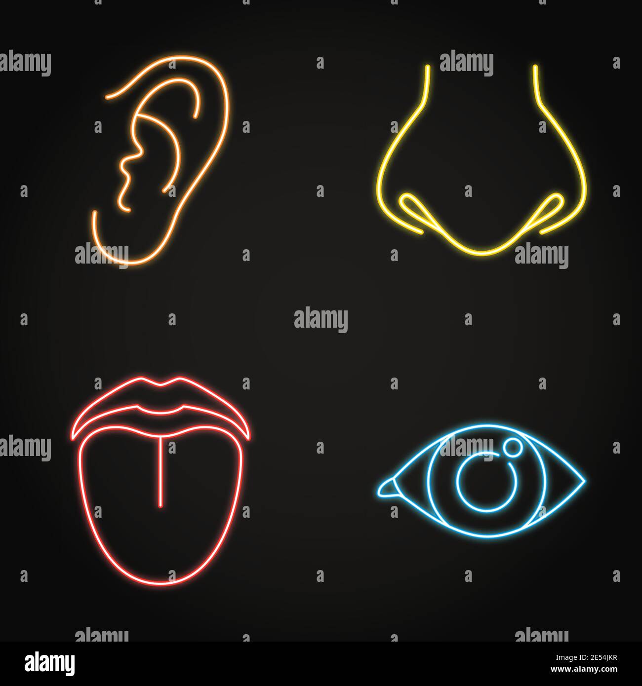 Sense organ neon icon set in line style. Human perception elements - vision, hearing, taste, smell. Vector illustration. Stock Vector
