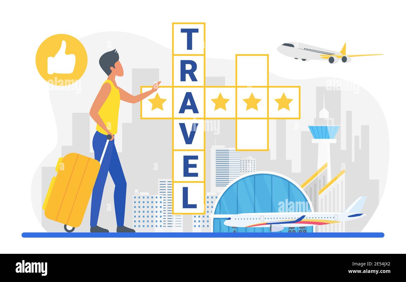 Travel crossword vector illustration. Cartoon traveler tourist character holding suitcase standing next to crossword puzzle with travel word, traveling by air plane, tourism concept isolated on white Stock Vector