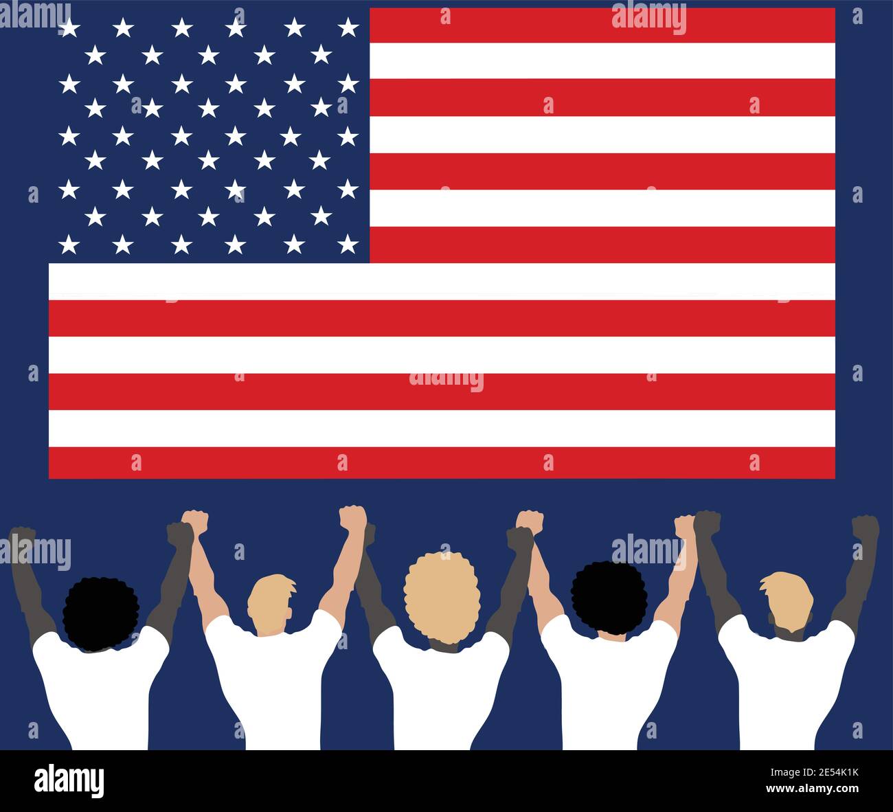 People Celebrating infront of American Flag Stock Vector