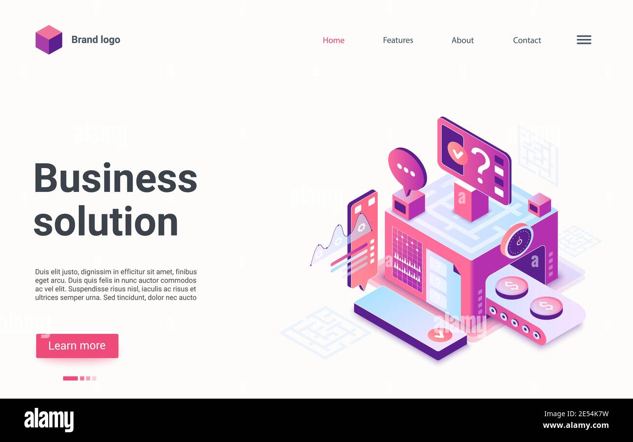 Business solution concept isometric vector illustration. Cartoon 3d successful business idea production, startup to make profit growth, money coins on conveyor belt, success management landing page Stock Vector