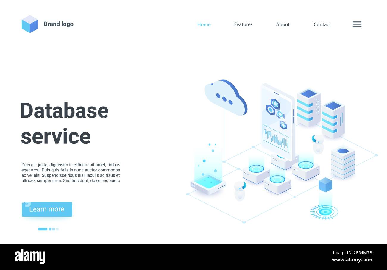 Database cloud service isometric vector illustration. Cartoon 3d internet service for exchange of information data files between mobile phone and cloud storage, database of servers landing page Stock Vector