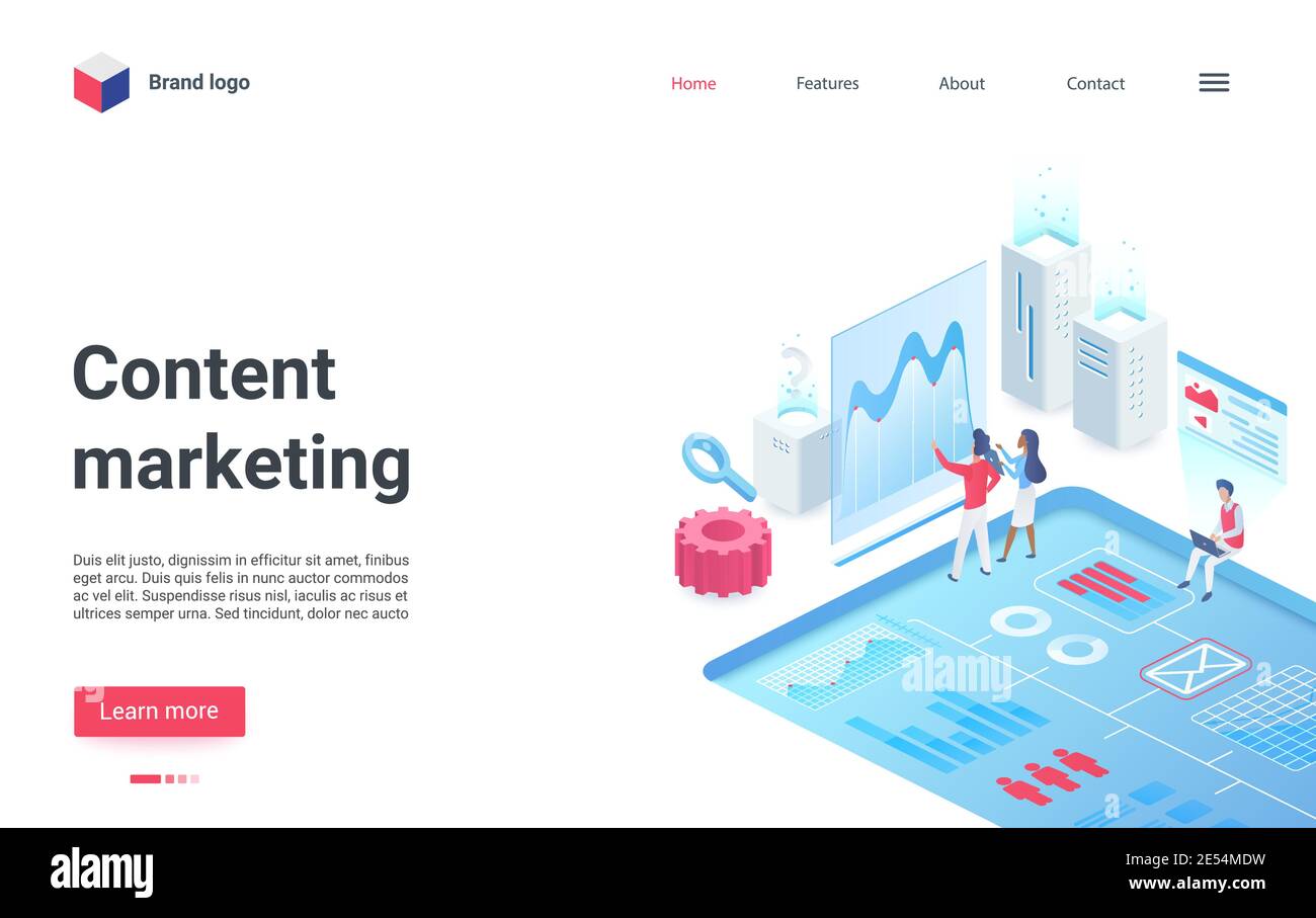 Content digital marketing research isometric vector illustration. Cartoon 3d marketer people in business analysis, development content strategy and management presentation on dashboard landing page Stock Vector