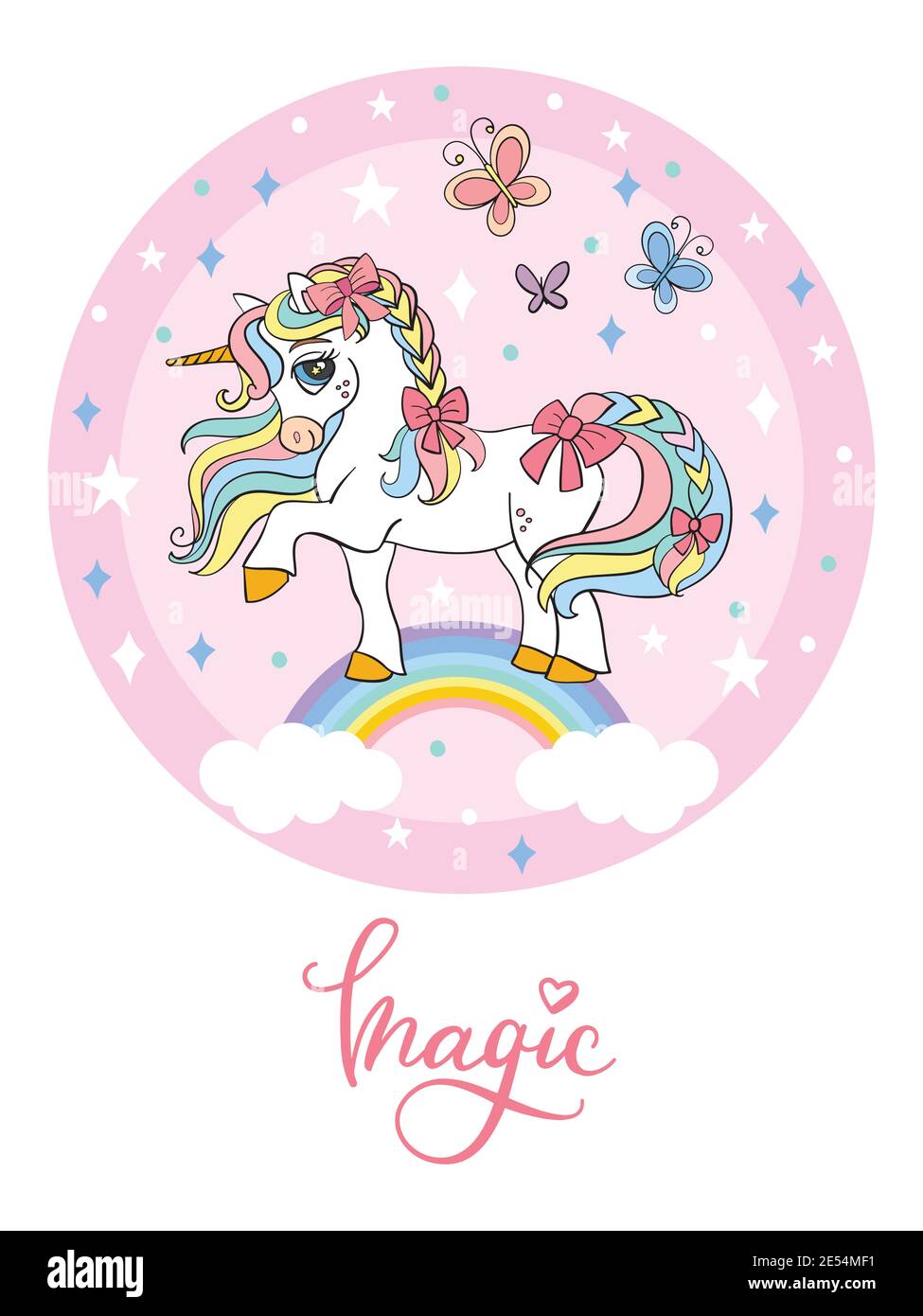 cute cartoon unicorn standing on rainbow in circle vector isolated illustration for postcard posters nursery design greeting card stickers room stock vector image art alamy