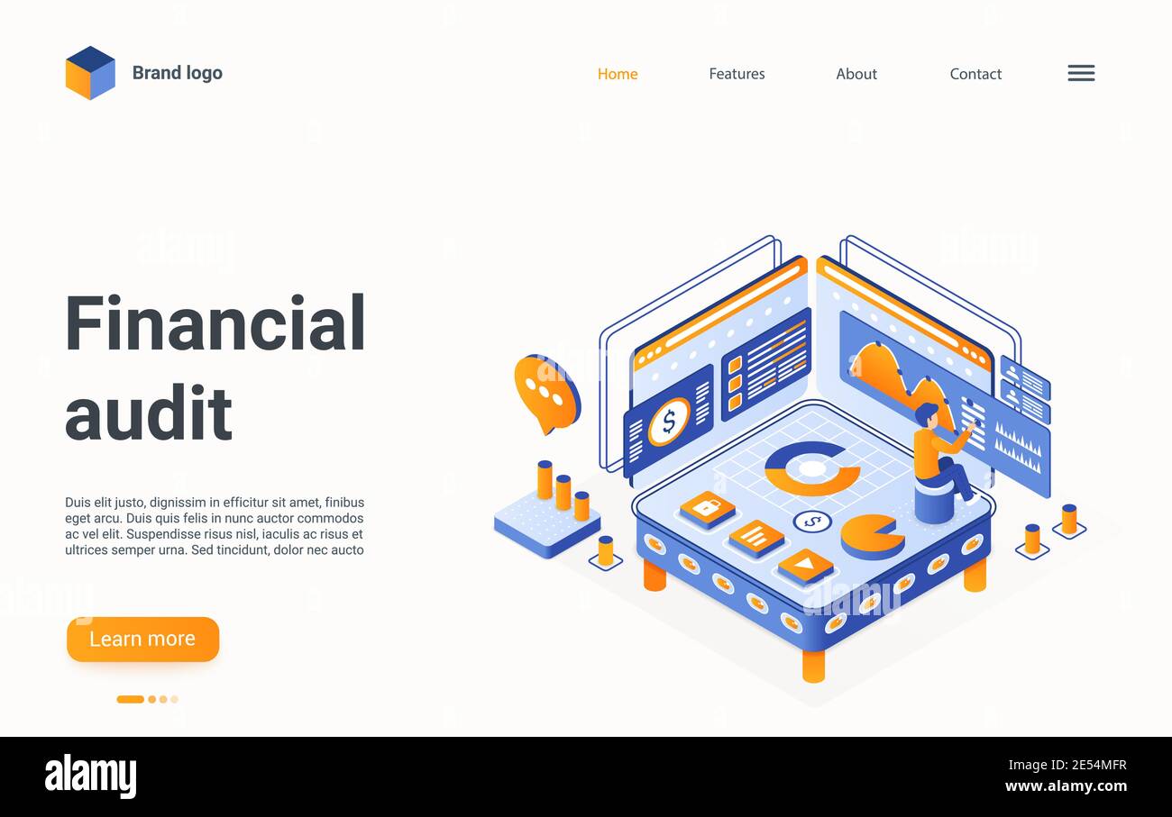 Financial audit technology isometric vector illustration. Cartoon finance planning of account budget, statistic analytics regulation process with advisor character and analyzing machine landing page Stock Vector