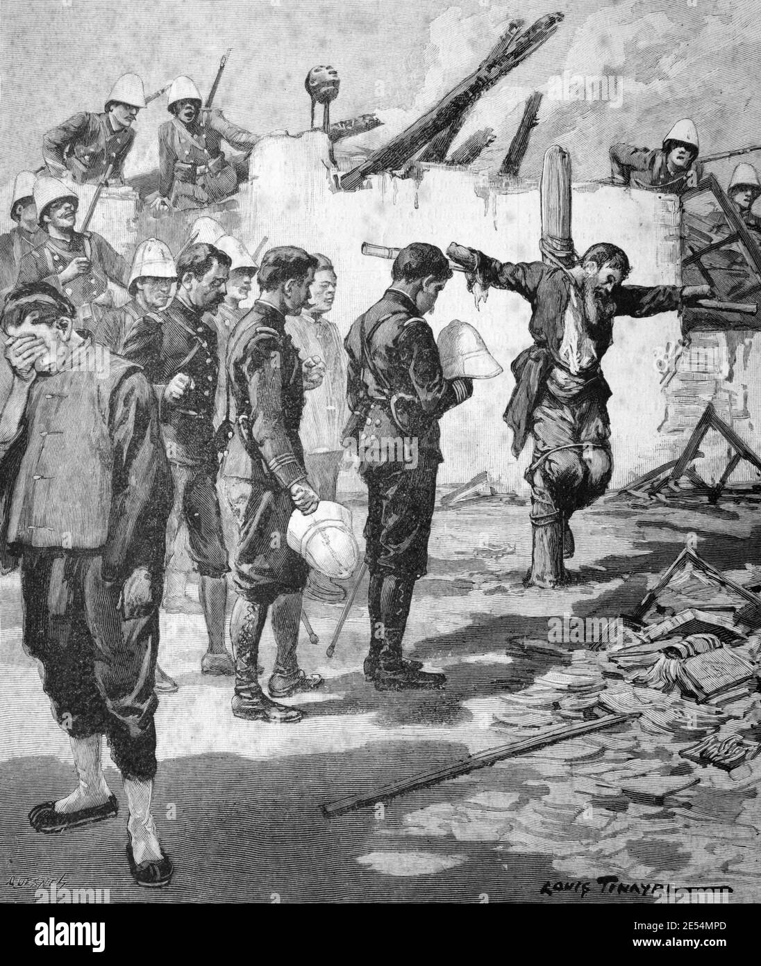 Enemy European Prisoners Executed & Crucified during the Boxer Rebellion, aka the Boxer Uprising or Yihetuan Movement an Anti-Imperialist, Anti-Foreign and Anti-Christian War or Rebellion in China (1899-1901) 1901 Vintage Illustration or Engraving Stock Photo