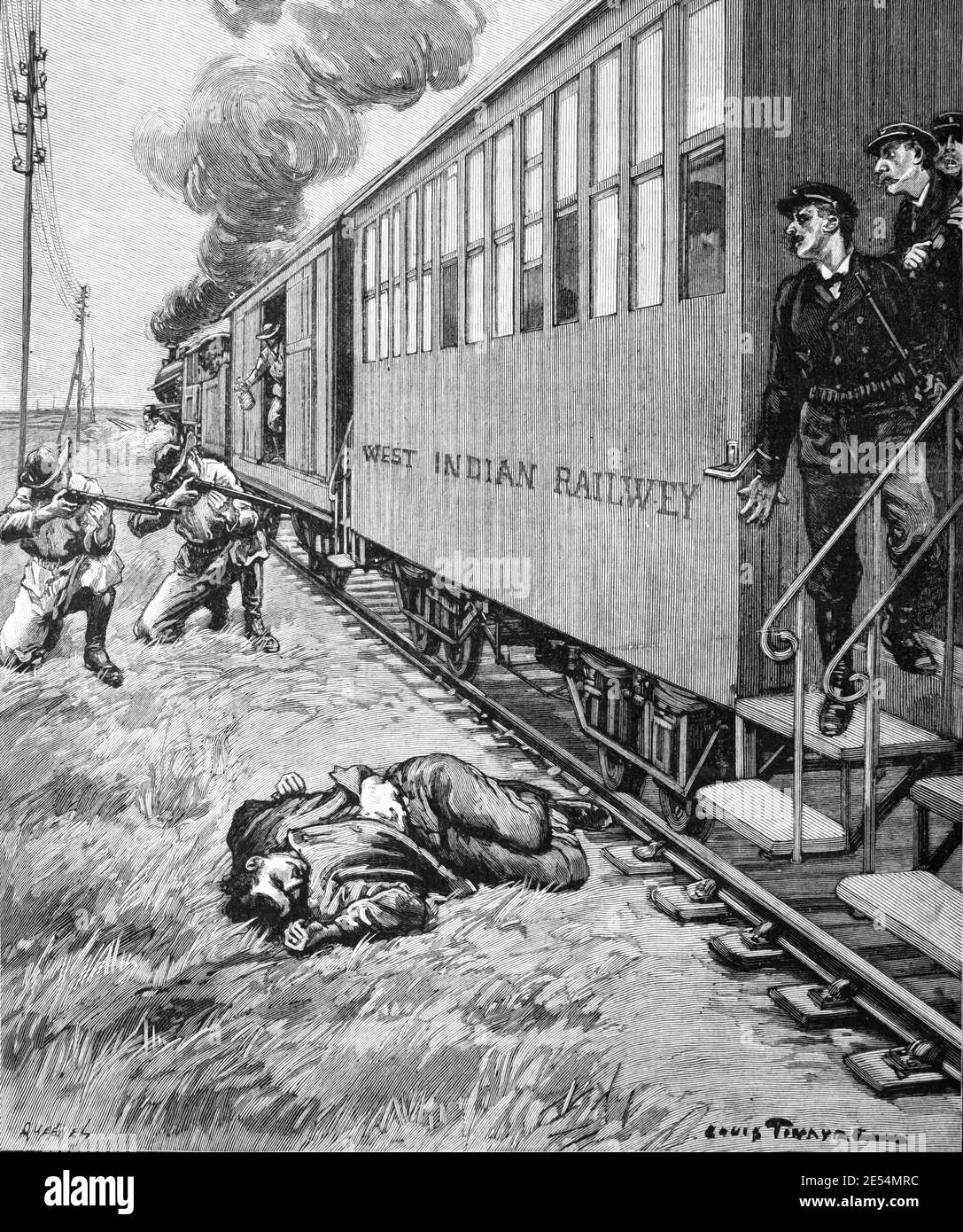 Train Robbers West Indian Railway Wild West USA or United States of America 1902 Vintage Illustration or Engraving Stock Photo