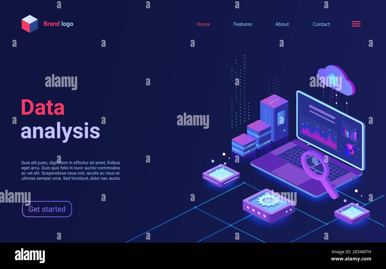 Data analysis, financial analytics isometric vector illustration. Cartoon 3d analyst trader workplace with laptop and big chart graph information, finance research business technology landing page Stock Vector