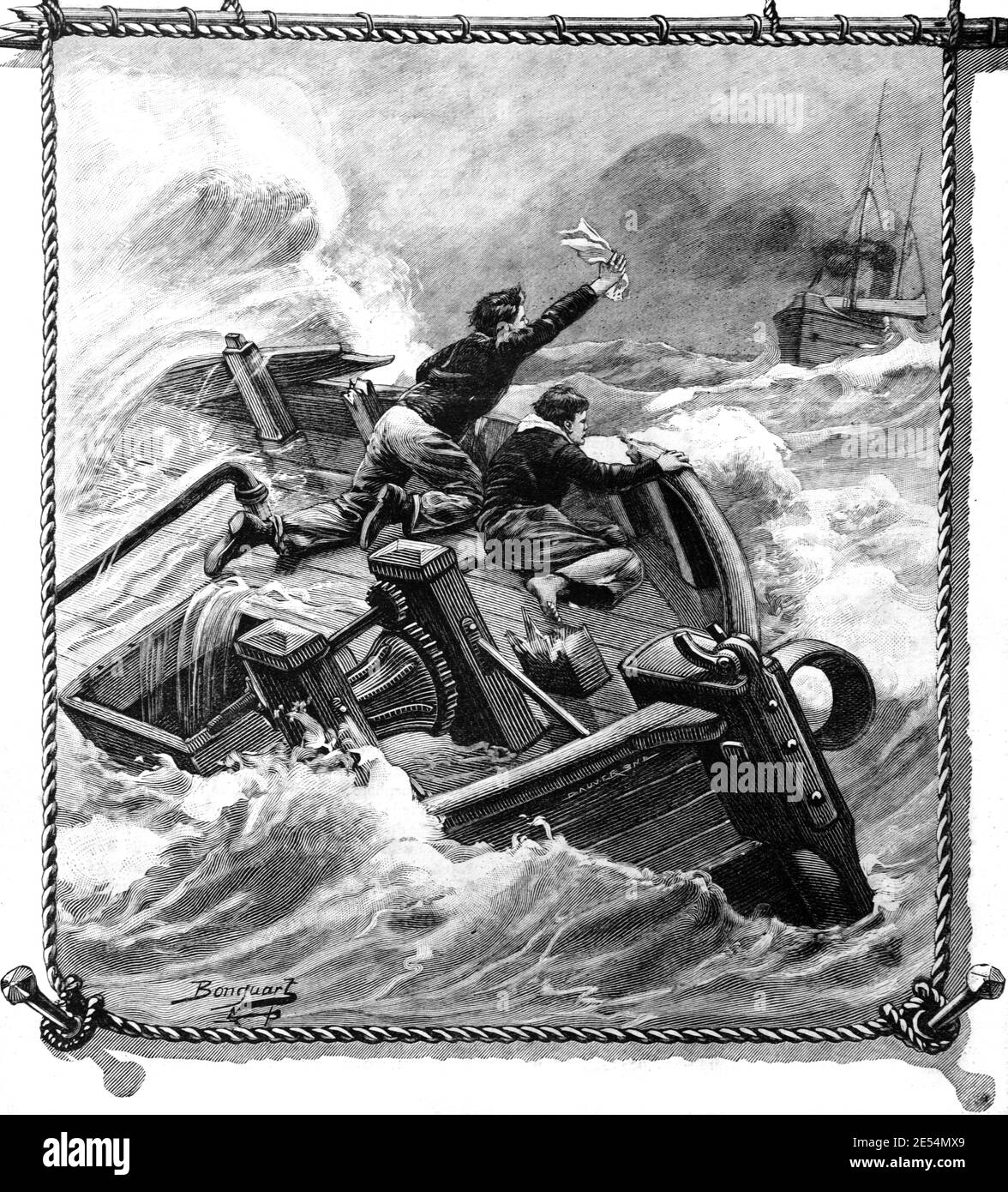 Shipwreck and Lifeboat Rescue English Channel off Coast at Le Havre France 1904 Vintage Illustration or Engraving Stock Photo