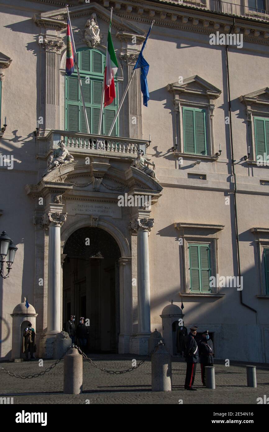 Rome, 26/01/2021. Italian Prime Minister Giuseppe Conte visits the Palazzo del Quirinale to hand his resignation to the President of the Republic, Sergio Mattarella. The Italian Government crisis has begun last week after the defection of the two Cabinet ministers belonging to the tiny party, Italia Viva (Italy Alive), led by former Italian Prime Minister Matteo Renzi. Credit: LSF Photo/Alamy Live News Stock Photo