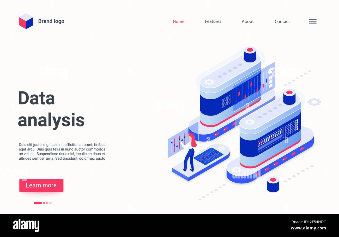 Data analysis digital tech platform concept isometric vector illustration. Cartoon 3d analyst woman character doing analysis trends and financial plan strategy, using analyzing technology landing page Stock Vector