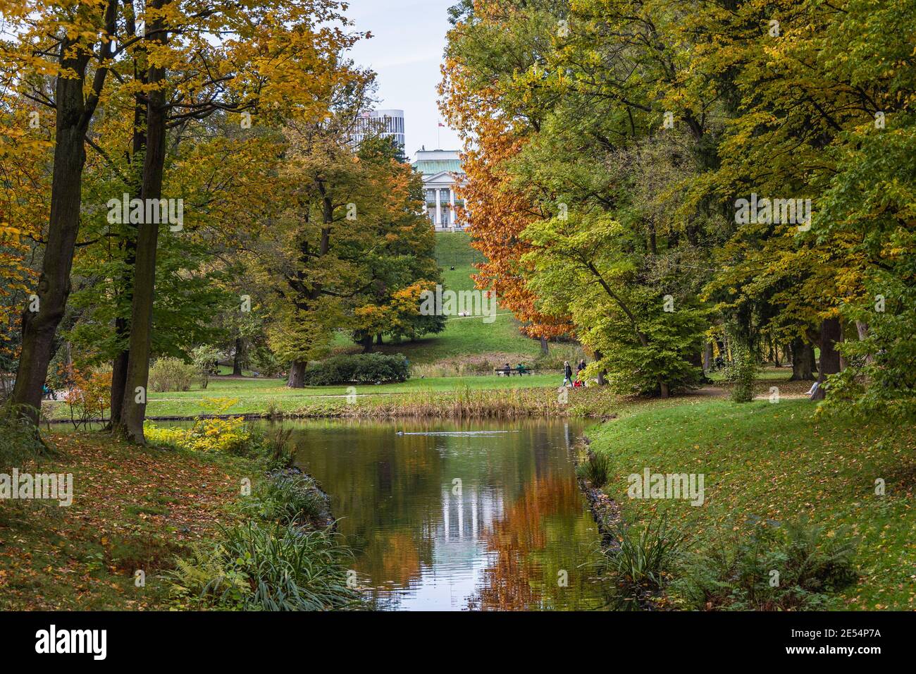 Lazienkowski Park also called Lazienki Park - Royal Baths, largest park in Warsaw city, Poland, view with Belvedere Palace Stock Photo