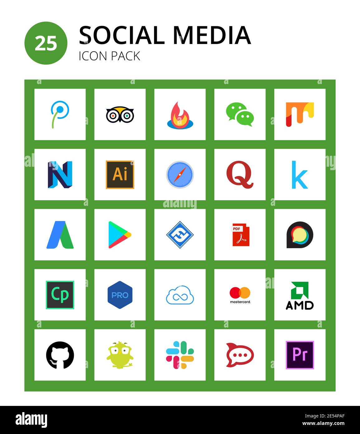 Social Media 25 icons flight, play, adobe, google, kaggle Editable Vector Design Elements Stock Vector