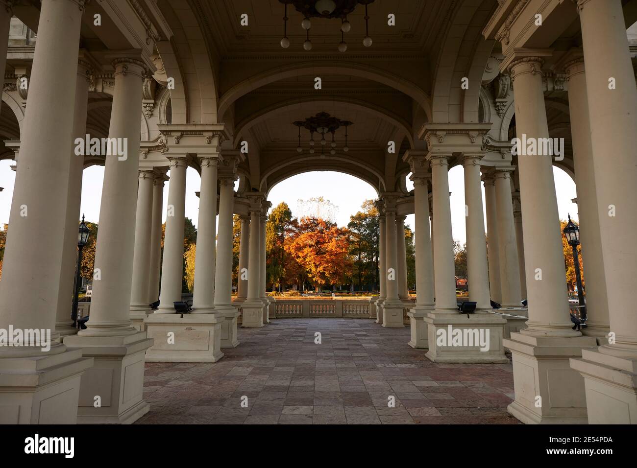 The outdoor pier of the MAT (Museum of Fine Art) in autumn, overlooking the Lujan River, Tigre, Buenos Aires, Argentina. Stock Photo