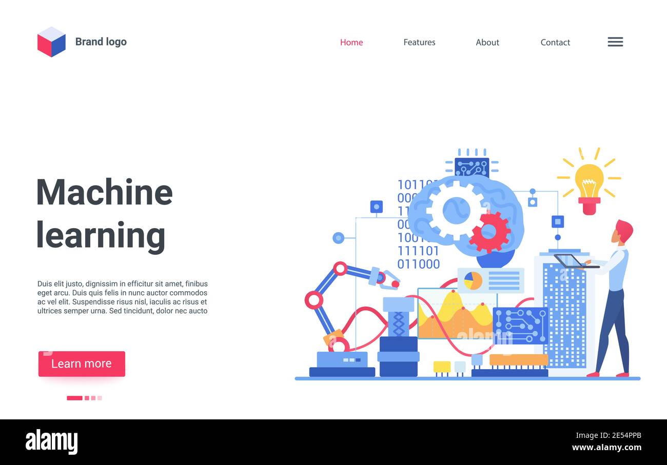 Machine ai learning vector illustration. Cartoon specialist engineer character with laptop teaching artificial intelligence, robot mind on neural network, futuristic smart technology flat landing page Stock Vector