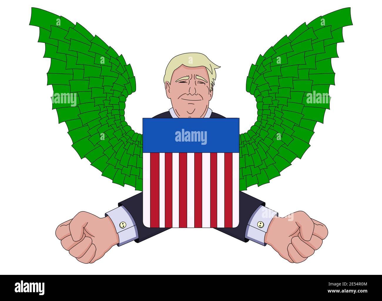 Donald Trump face cartoon style with flag and wings of banknotes isolated on background. Stock Photo