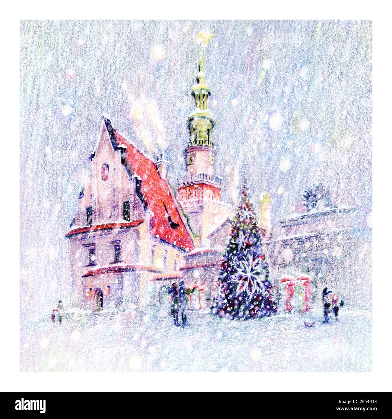 Coplored pencils sketch of snowy Christmas Old market square in Poznan, Poland Stock Photo
