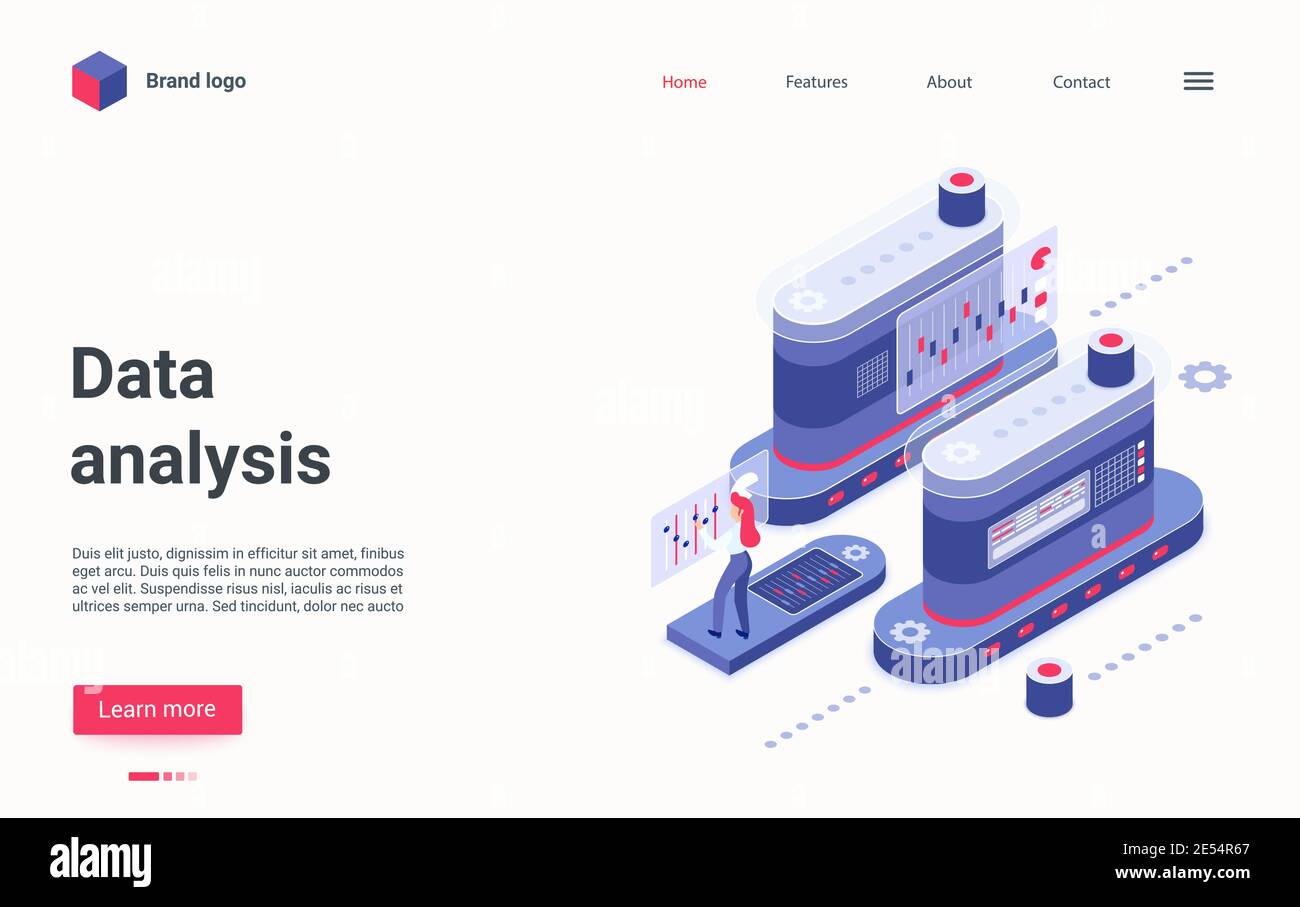 Data analysis concept isometric vector illustration. Cartoon 3d specialist analyst character working with abstract analytics machine to manage graphic settings for business development landing page Stock Vector