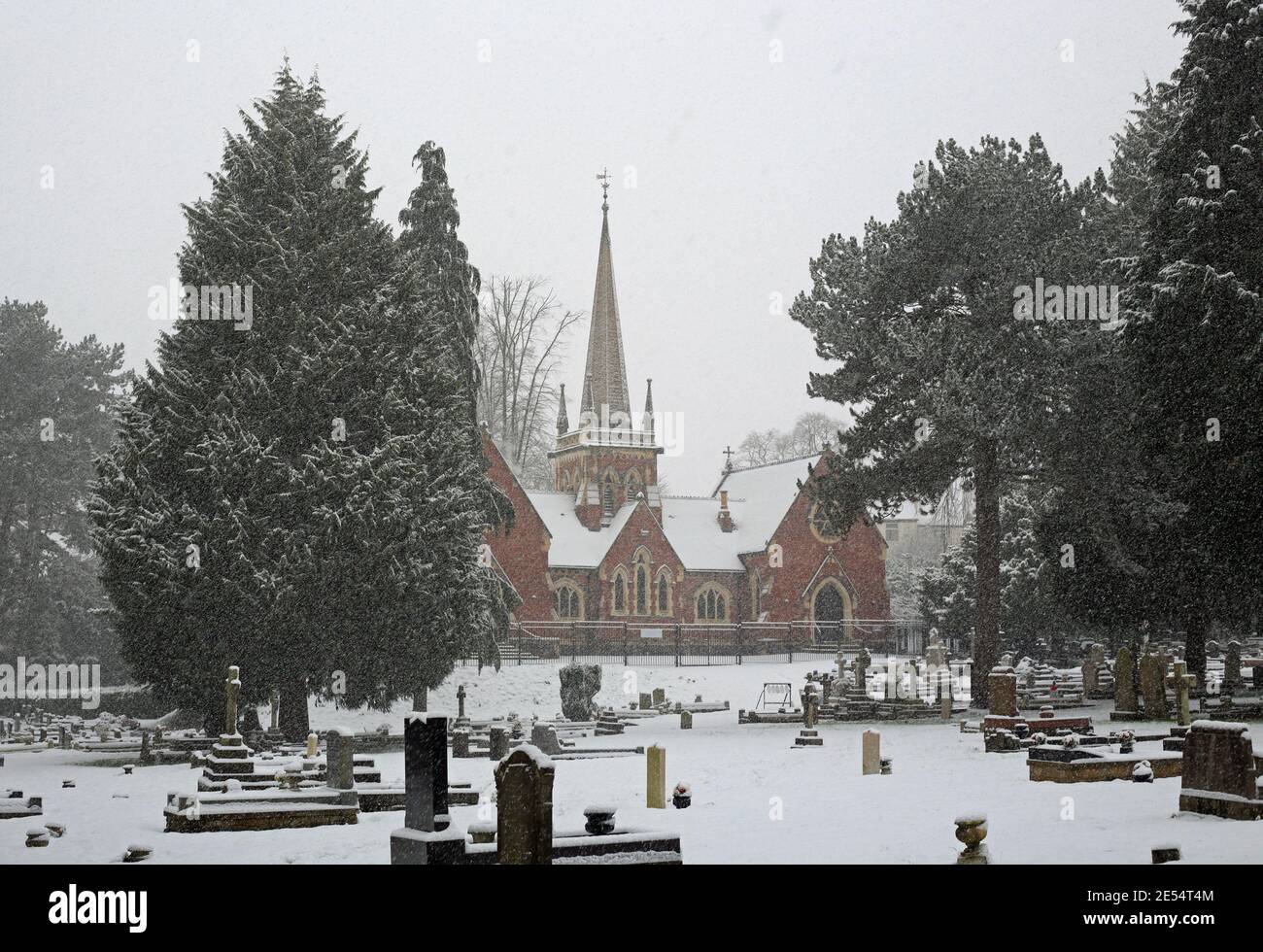 The Thomas Robinson building in Stourbridge (Lye and Wollescote) cemetery during a snowstorm. Stock Photo