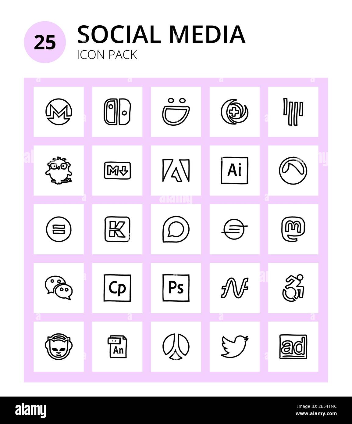 Social Media 25 icons discourse, nd, adobe, commons, grooveshark Editable Vector Design Elements Stock Vector