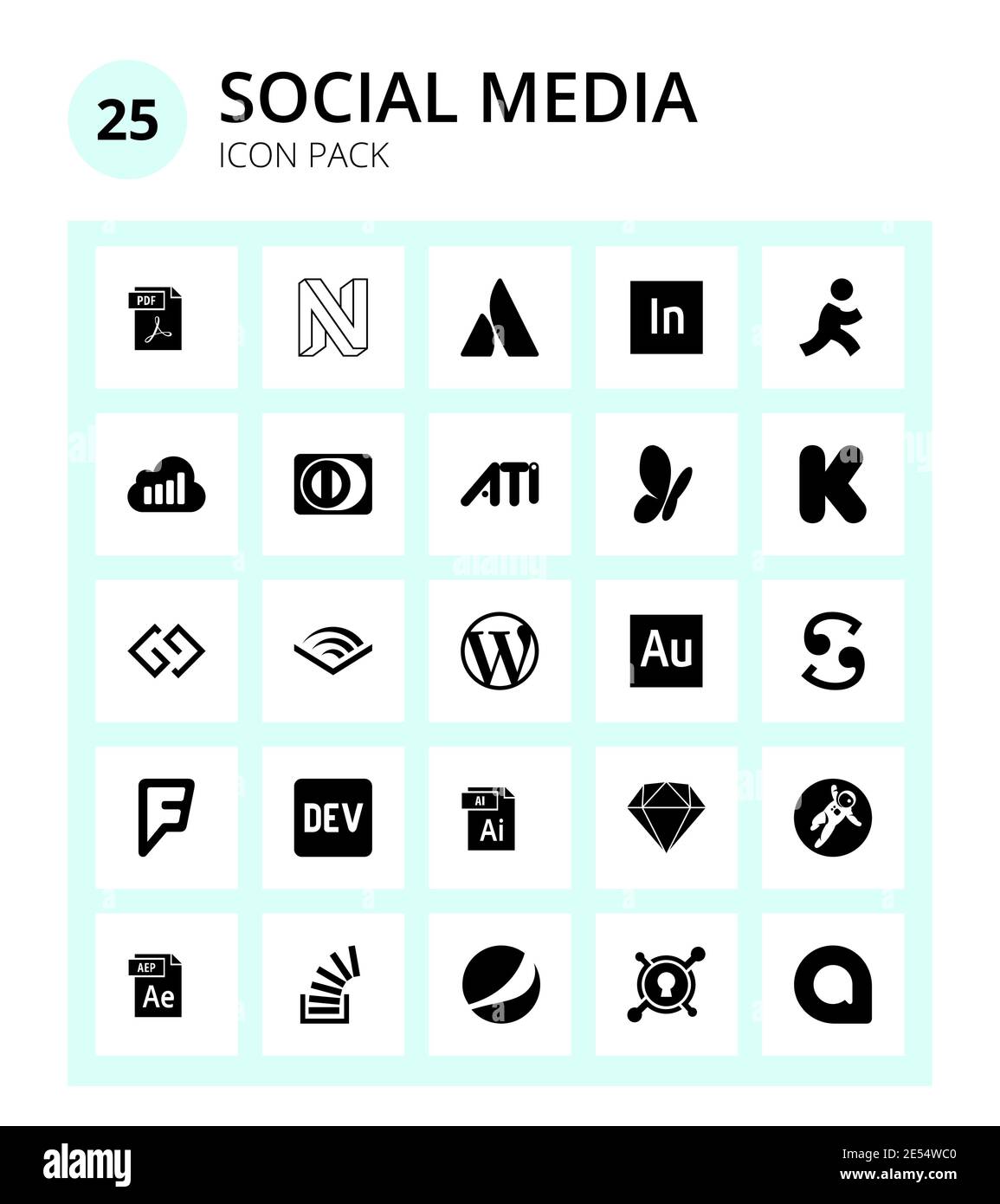 Pack of 25 Social Logo wordpress, gg, sellsy, kickstarter, ati Editable Vector Design Elements Stock Vector
