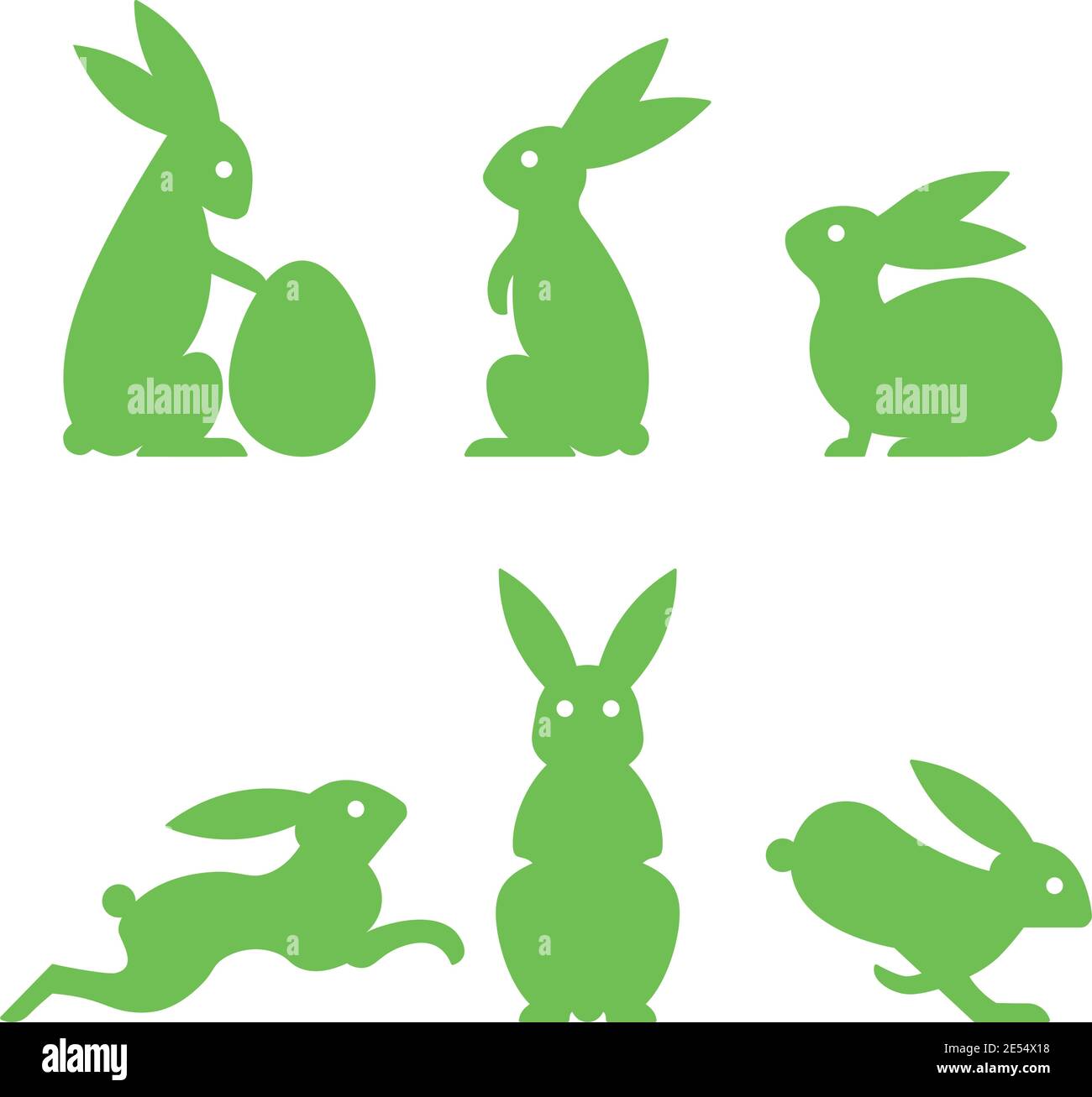 Six silhouettes of easter bunnies in different poses. Holiday symbols