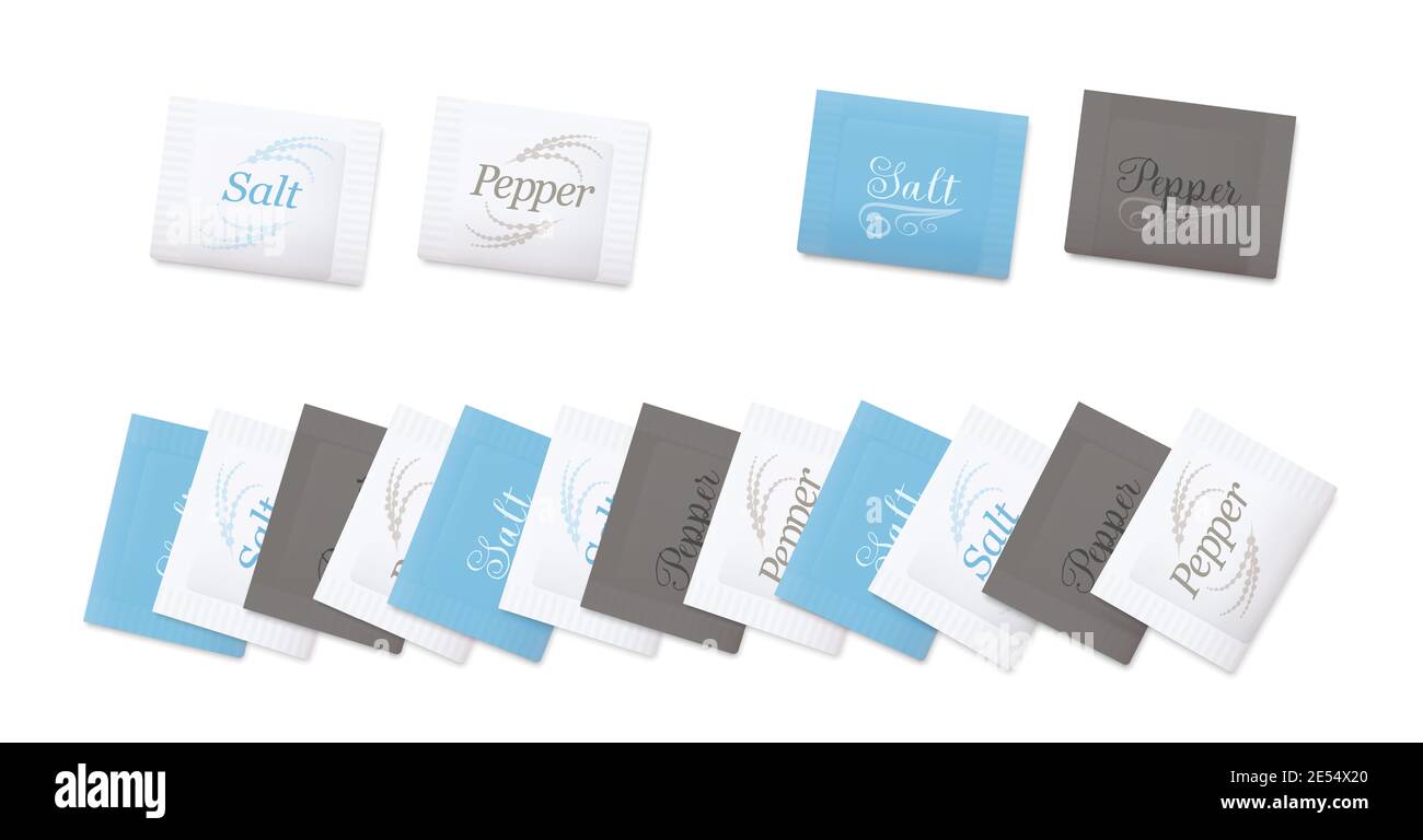 Salt an pepper sachets. Various paper envelopes to rip for seasoning, typical for restaurants, hotels, inns, guest houses, dining cars. Stock Photo