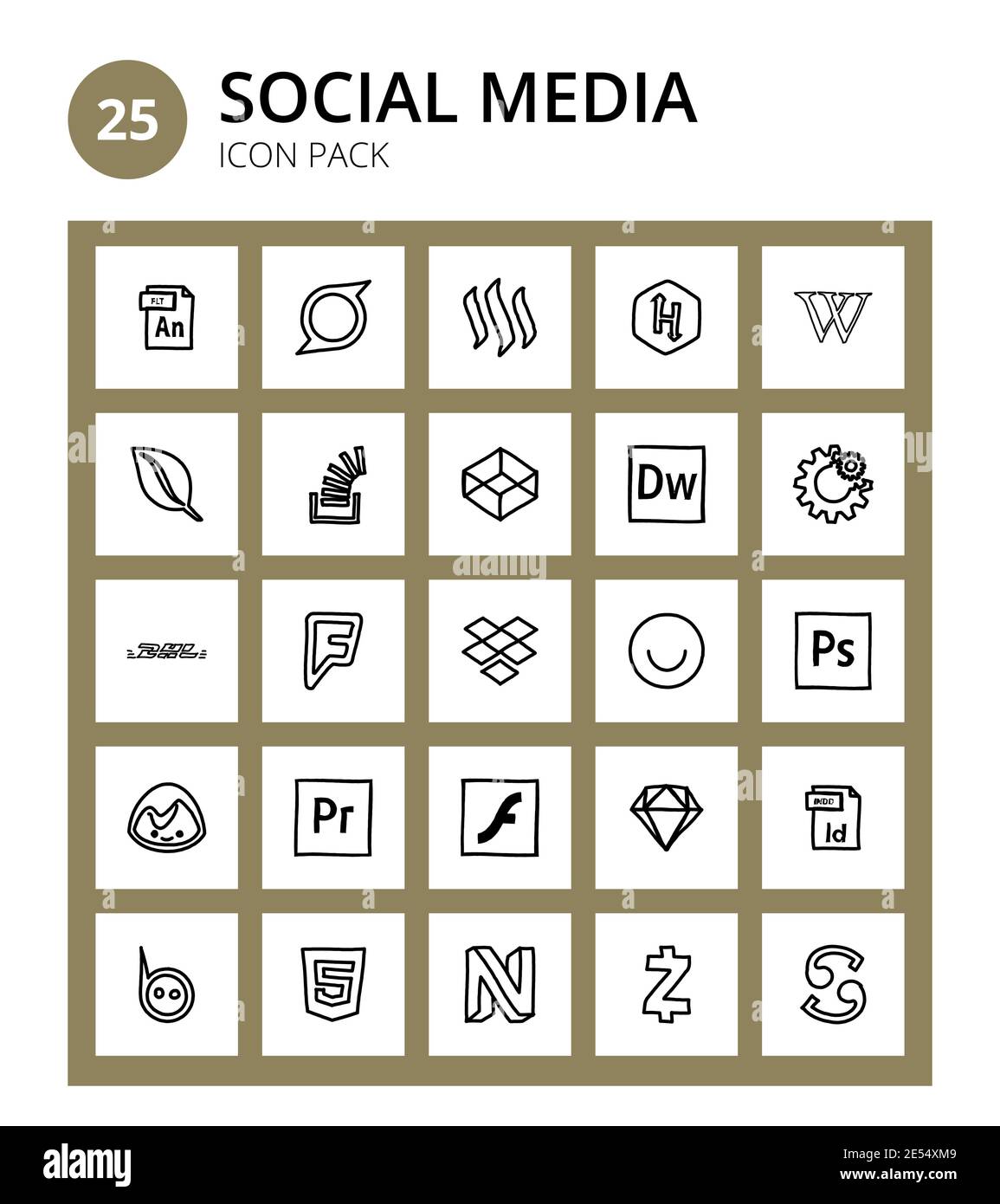 Social Media 25 icons foursquare, whmcs, w, adobe, codepen Editable Vector Design Elements Stock Vector