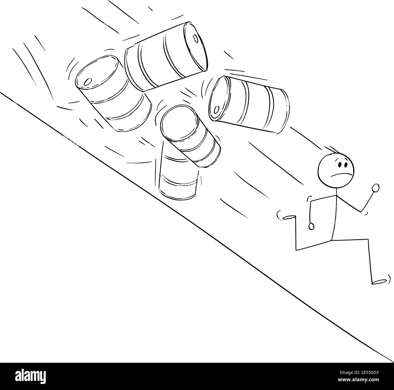 Businessman,investor or oilman running in panic from oil barrels falling downhill, concept of falling prices on market or crisis, vector cartoon stick figure or character illustration. Stock Vector