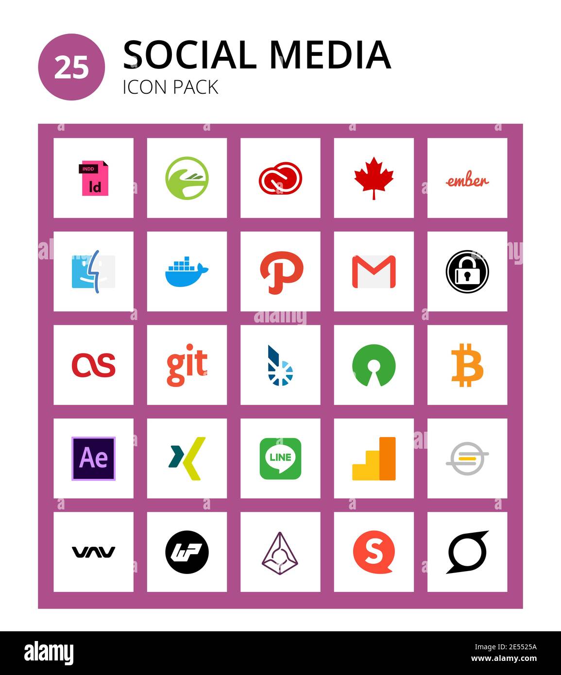 Pack of 25 Social Logo osi, git, ember, lastfm, gmail Editable Vector Design Elements Stock Vector