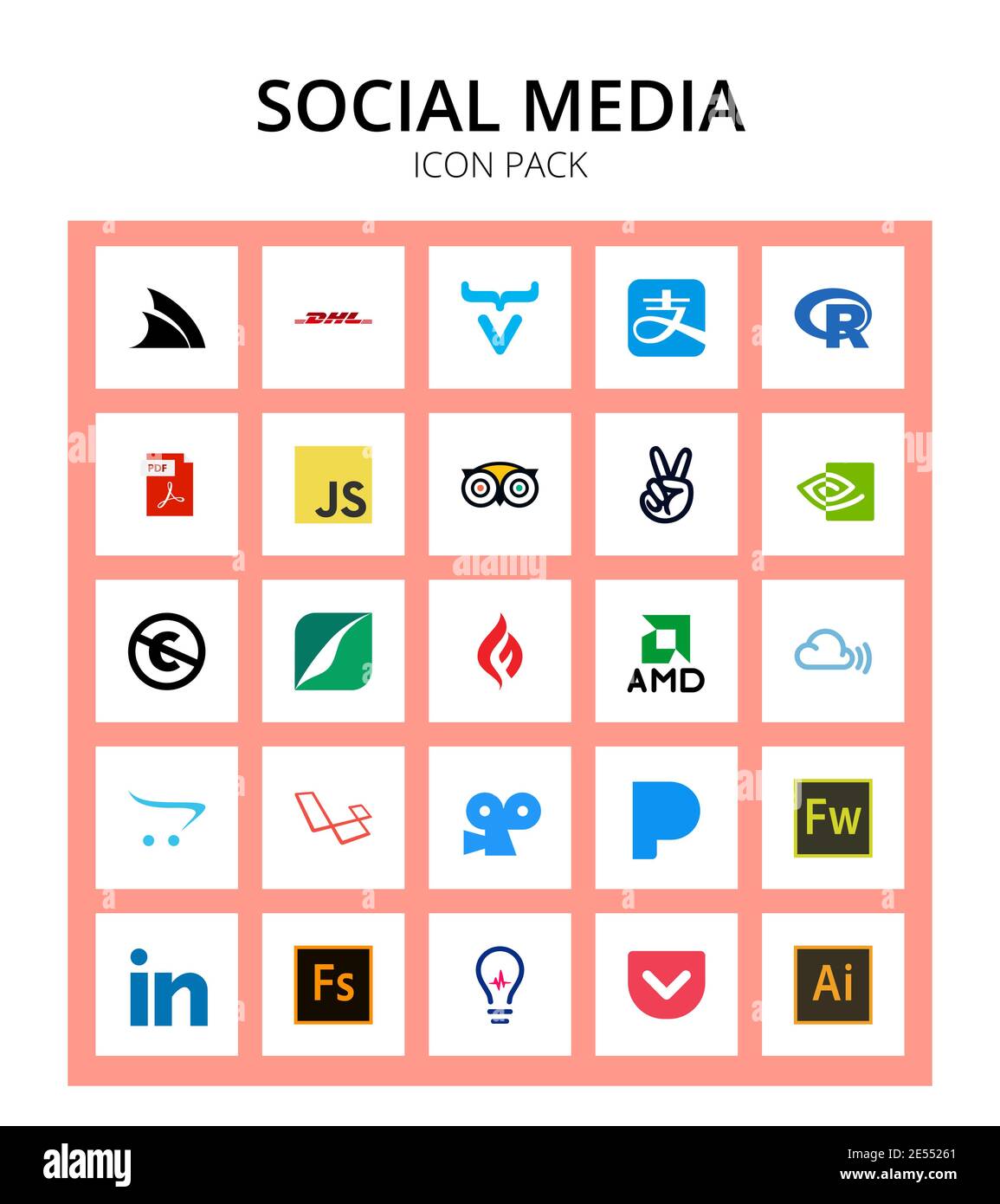 Pack of 25 Social Logo piper, pd, adobe, commons, nvidia Editable Vector Design Elements Stock Vector