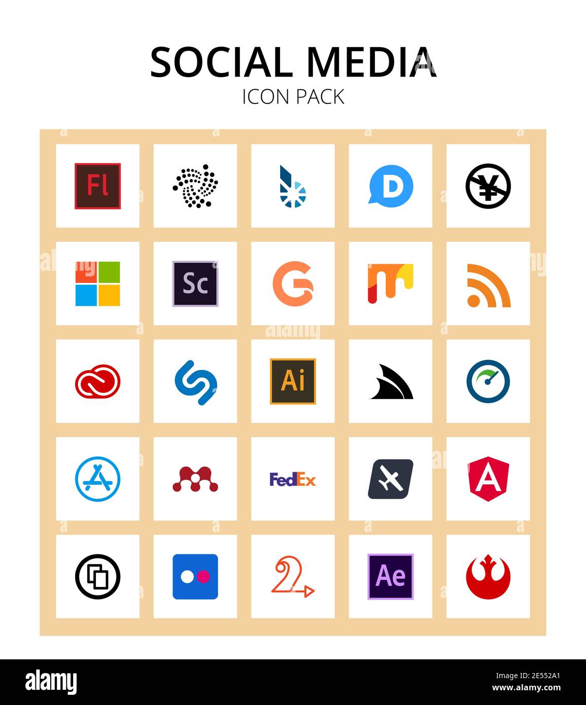 Set of 25 Social Logo shazam, rss, nc, mix, adobe Editable Vector Design Elements Stock Vector