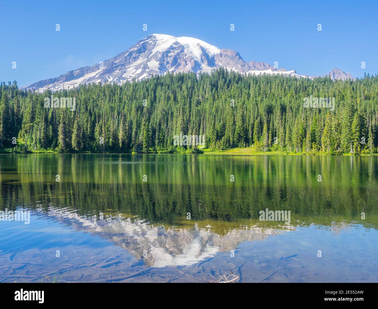 One of the most iconic views of Mt. Rainier in the park can be found at Reflection Lakes. Stock Photo