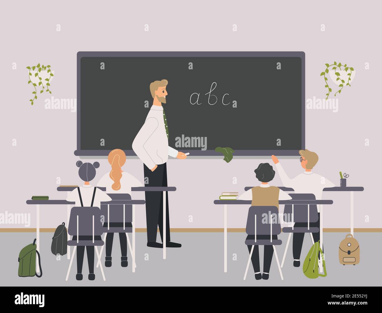 Male teacher of Philology explaining english letters to elementary school pupils or children near chalkboard. Man teaching language or writing to kids Stock Vector