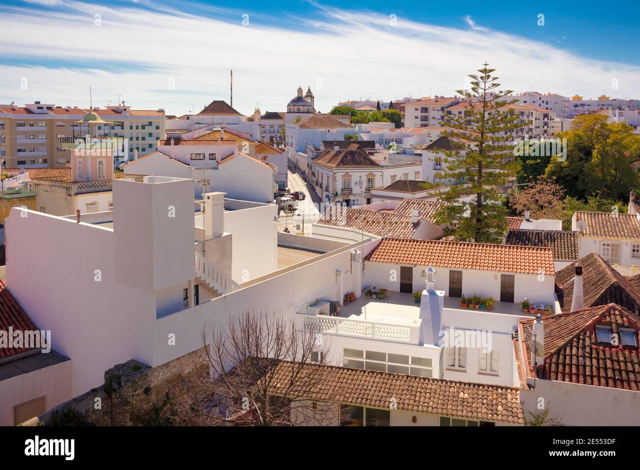 Aerial view from the castle of the city of Tavira with its imaculate whitewashed houses of white color that provide an incredible light to its histori Stock Photo