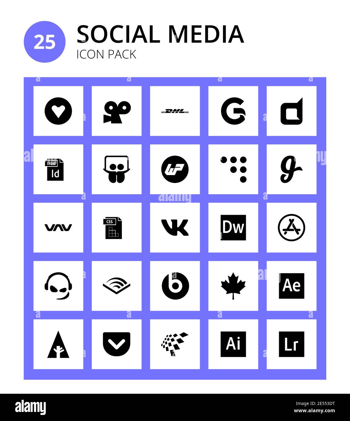 Social Media 25 icons vk, style, slideshare, file type, vnv Editable Vector Design Elements Stock Vector